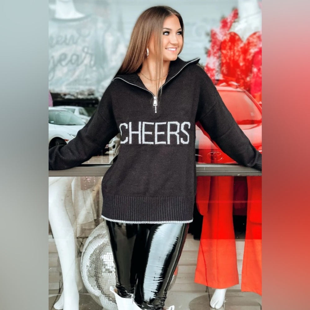 Elan Black V-Neck Sweater with White 'Cheers' Design